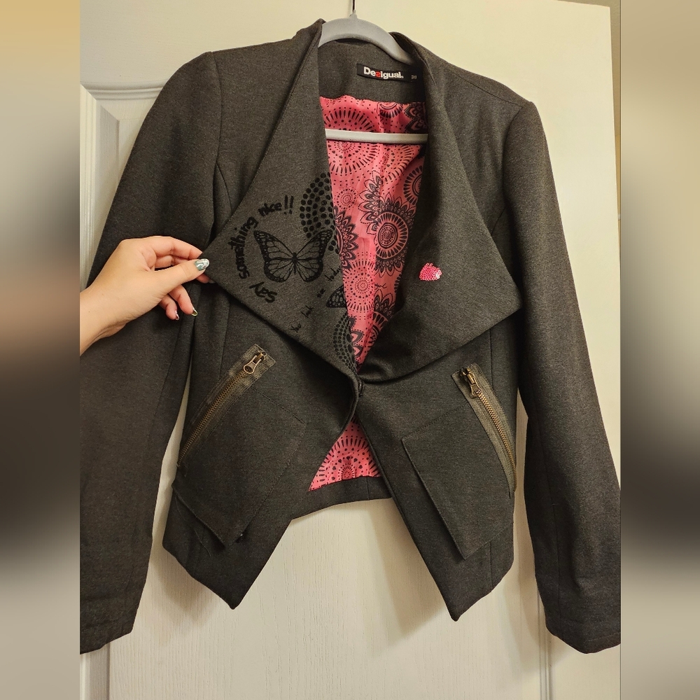 Desigual Gray Blazer with Pink Lining And Surprise Lapel Embroidery